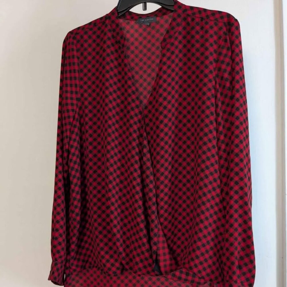 Red and Black Plaid V-neck Women's Large Sheer Long Sleeve Shirt